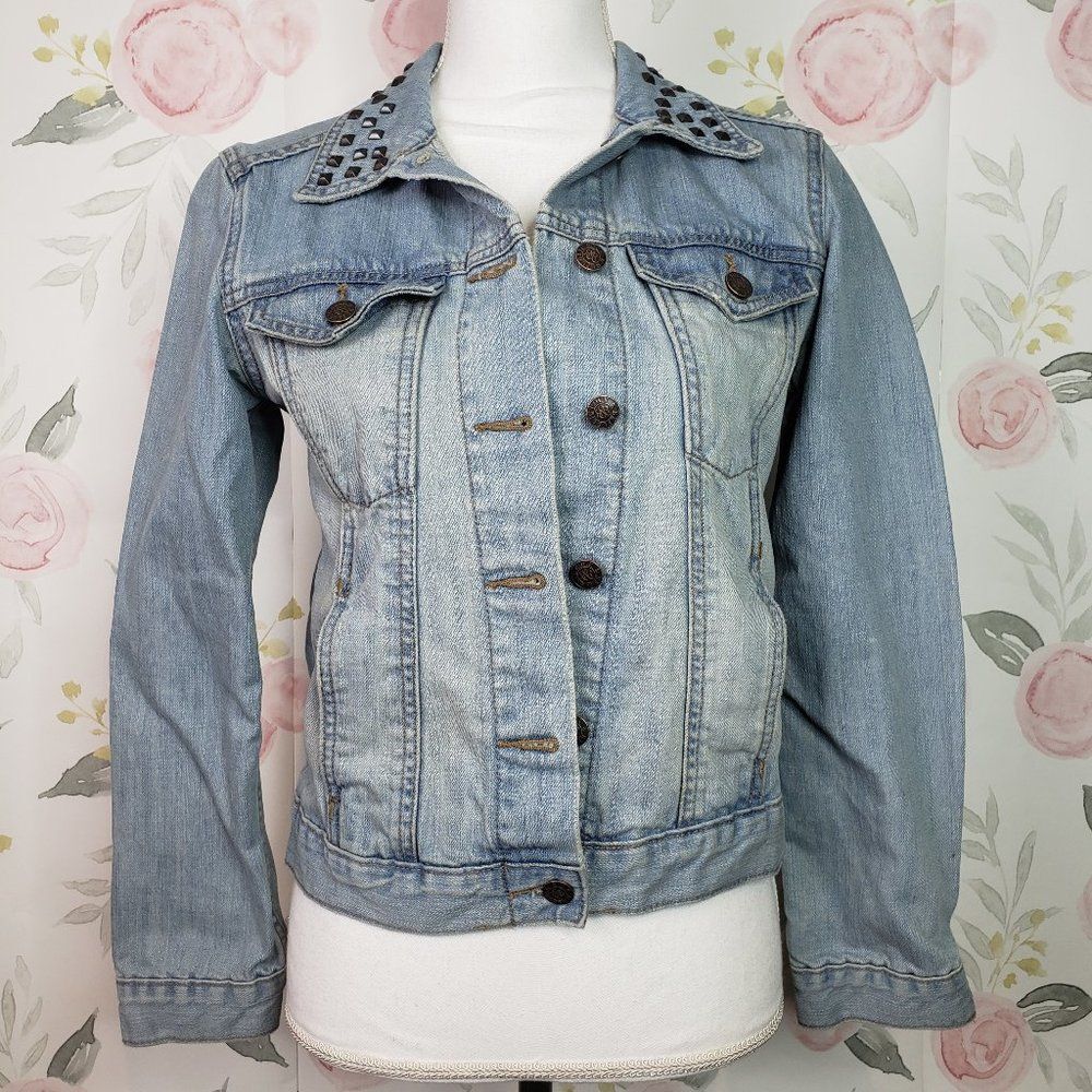 Womens Rock & Republic Metal Studs Collar Cropped Denim Jacket Jean Coat size S